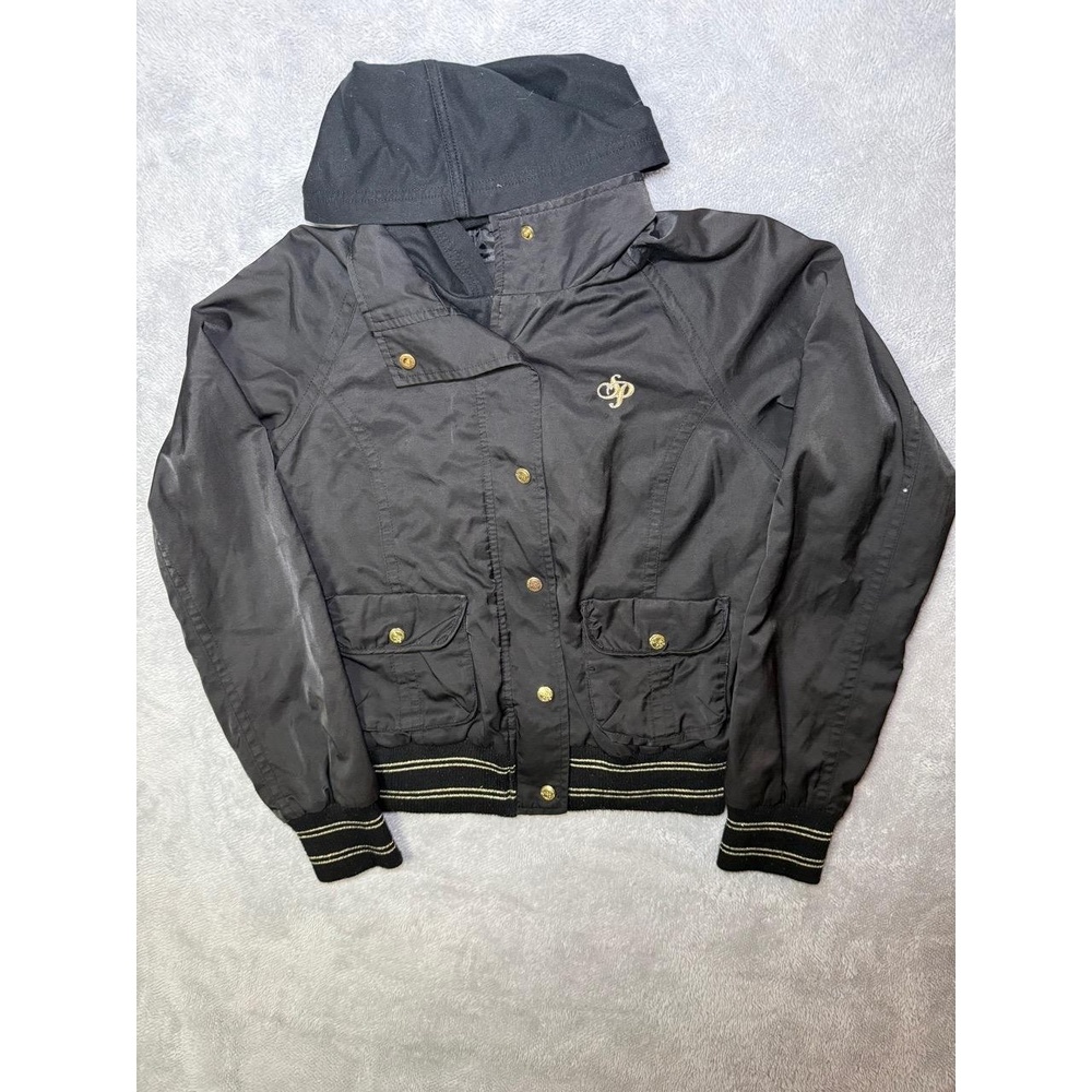 South Pole Large Womens Hooded Bomber Jacket Black Gold Hardware Streetwear - Picture 2 of 12